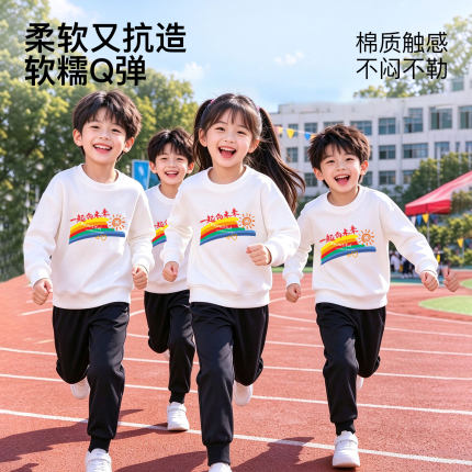 白色衣服黑色裤子运动套装儿童男女童一年级小学生班服一起向未来