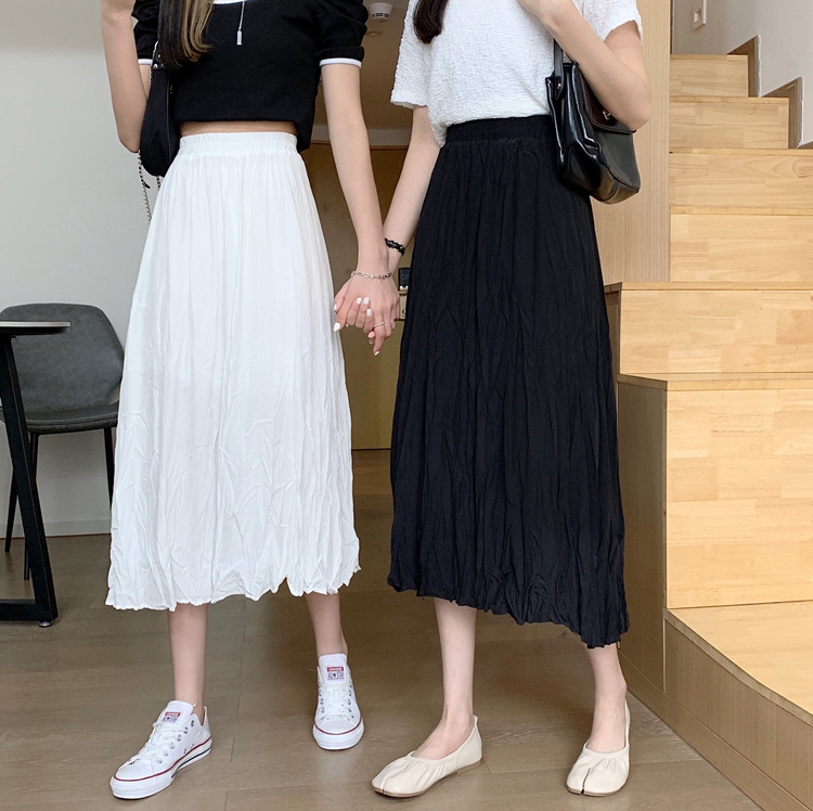 Real price real shot Korean high waist slim mid long super fairy pleated skirt