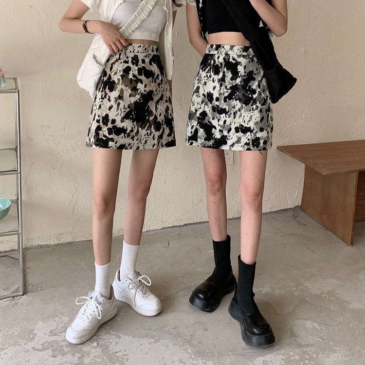 Real price tie dye print skirt Vintage high waist slim A-line skirt