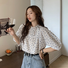 Real price new Korean neckline bow tie tie bubble sleeve shirt blouse