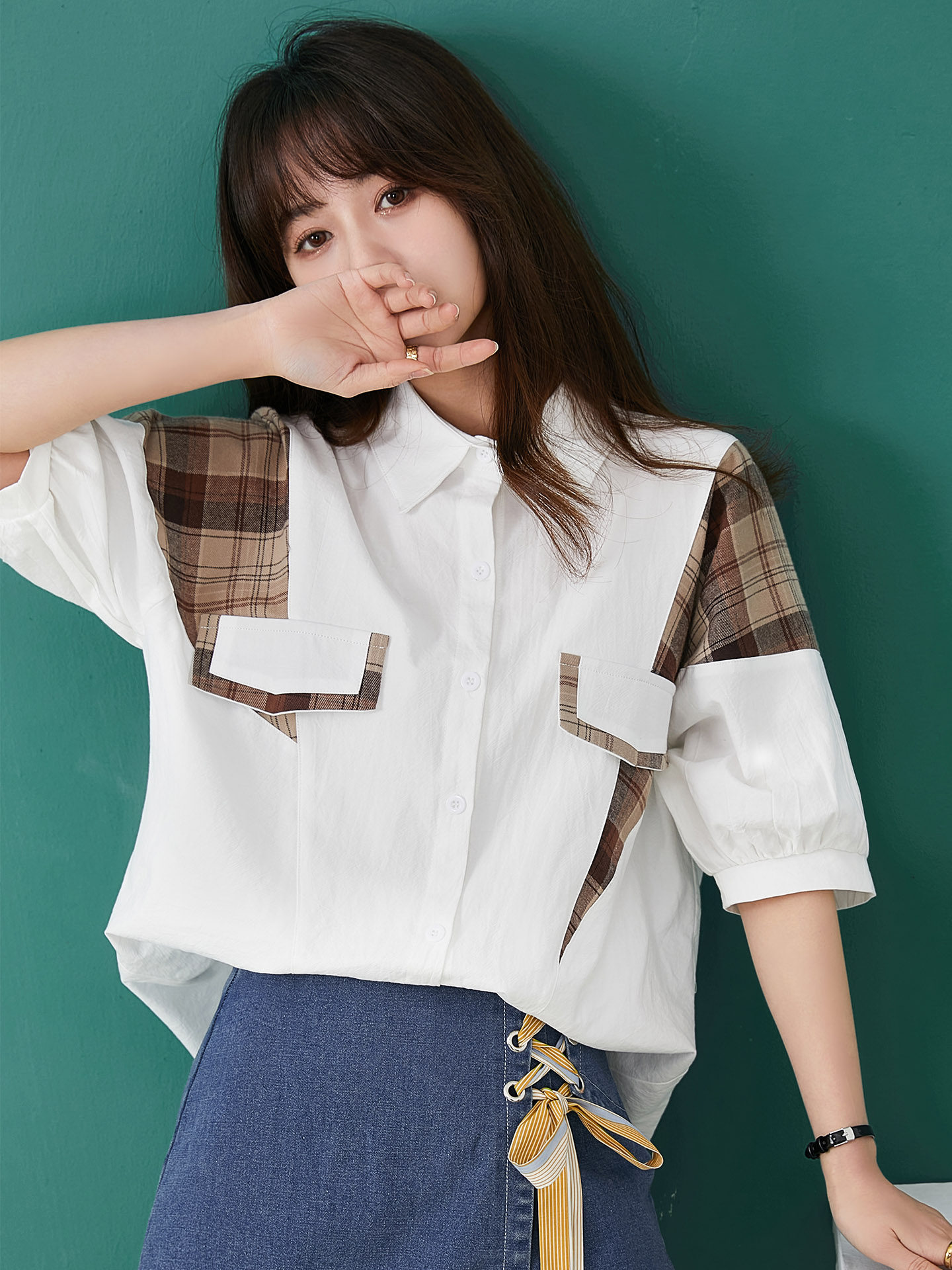 여름 디자인 틈새 코튼 셔츠 반팔 다용도 심플 루즈 슬리밍 체크 무늬 셔츠 여성용 시크 탑