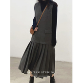 谭烟米 显瘦背心裙 连衣裙拼接款 麻灰色毛呢混纺薄呢西装 百褶无袖