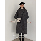 谭烟米 杂灰色全羊毛简约廓形五分袖 连衣裙女秋冬宽松复古a字裙