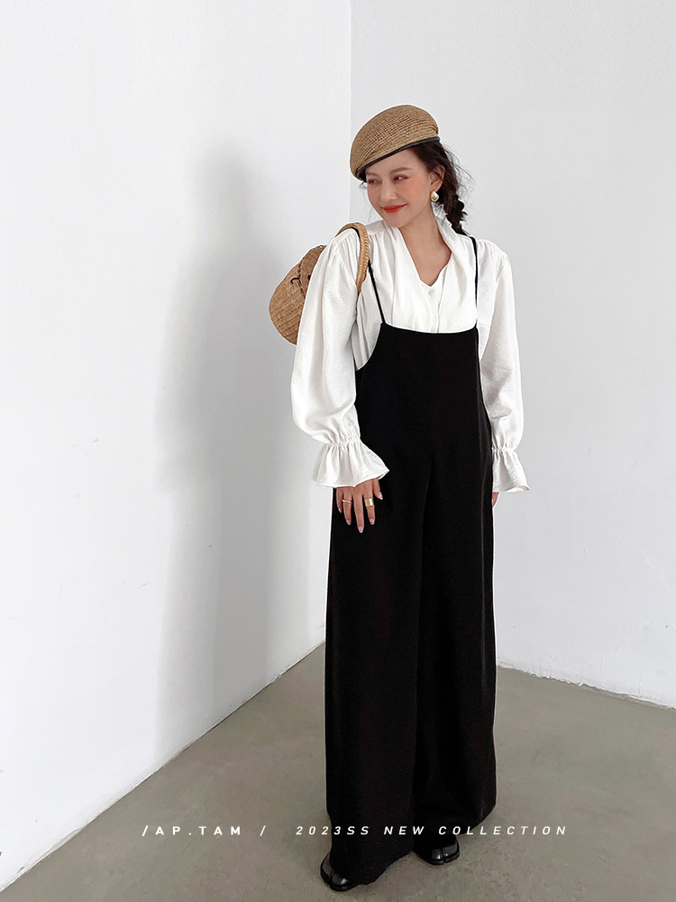 谭烟米 黑色垂坠宽松阔腿细带吊带背带裤女春夏高腰百搭显瘦长裤