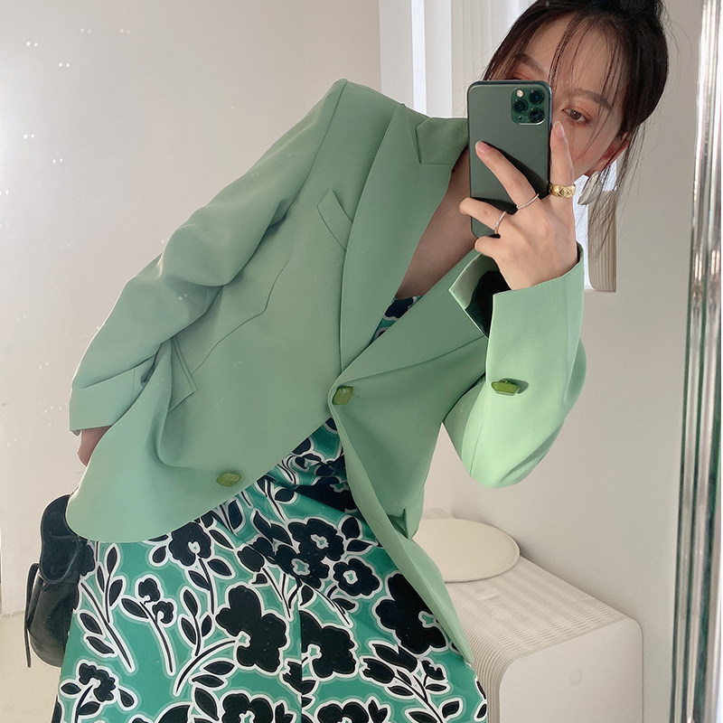 谭烟米 原创自制 蜜瓜绿版型超正韩版CHIC休闲显瘦春秋西服西装女