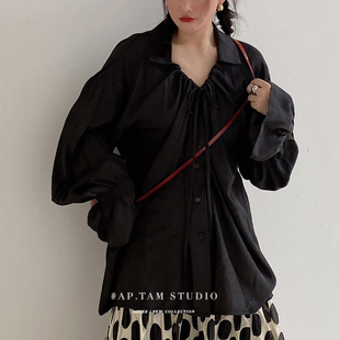 宽松黑色衬衫 谭烟米 通勤长袖 慵懒CHIC秋季 上衣 小众设计抽绳V领