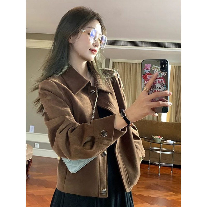 美拉德麂皮外套糖炒栗子风穿搭女短款秋新款复古宽松感小个子夹克