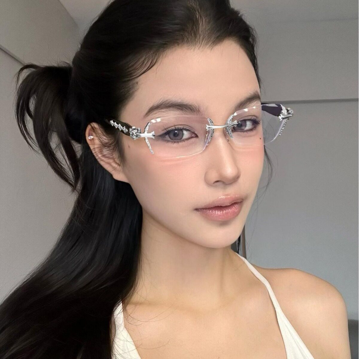 复古纯欲无框主包切边女近视眼镜