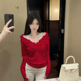 绝美巨好看有设计感的红色毛衣女款2025新款时尚洋气时髦短款上衣