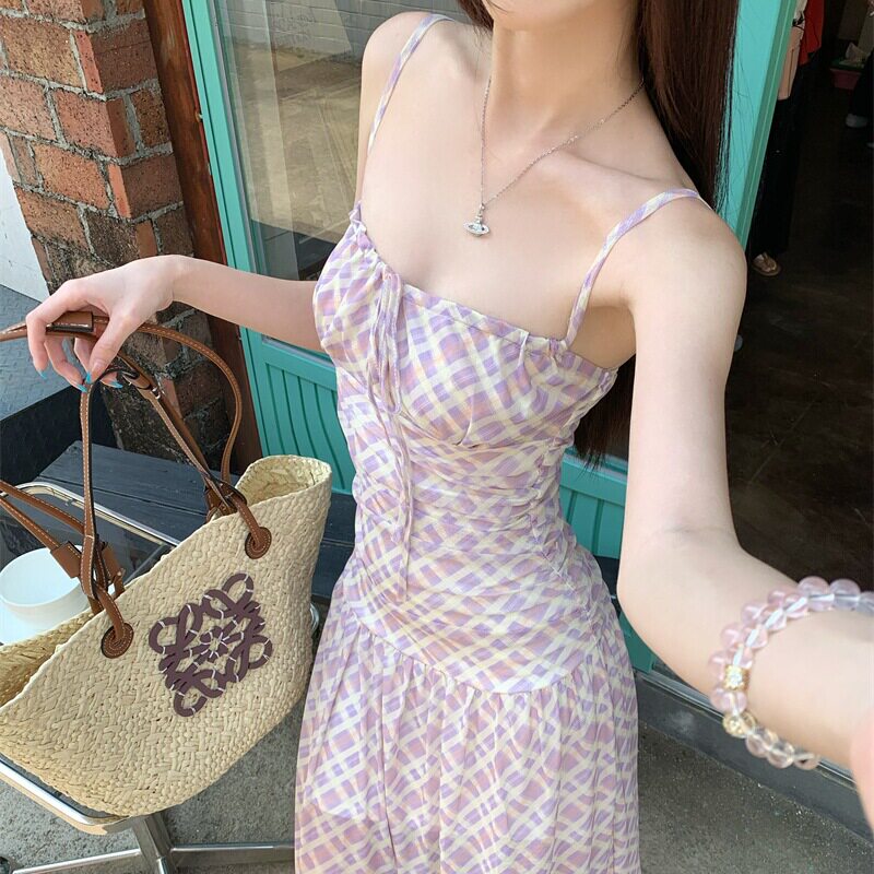 白鹿同款紫色雪纺印花吊带裙粉色格子薄纱连衣裙女装夏季收腰裙子