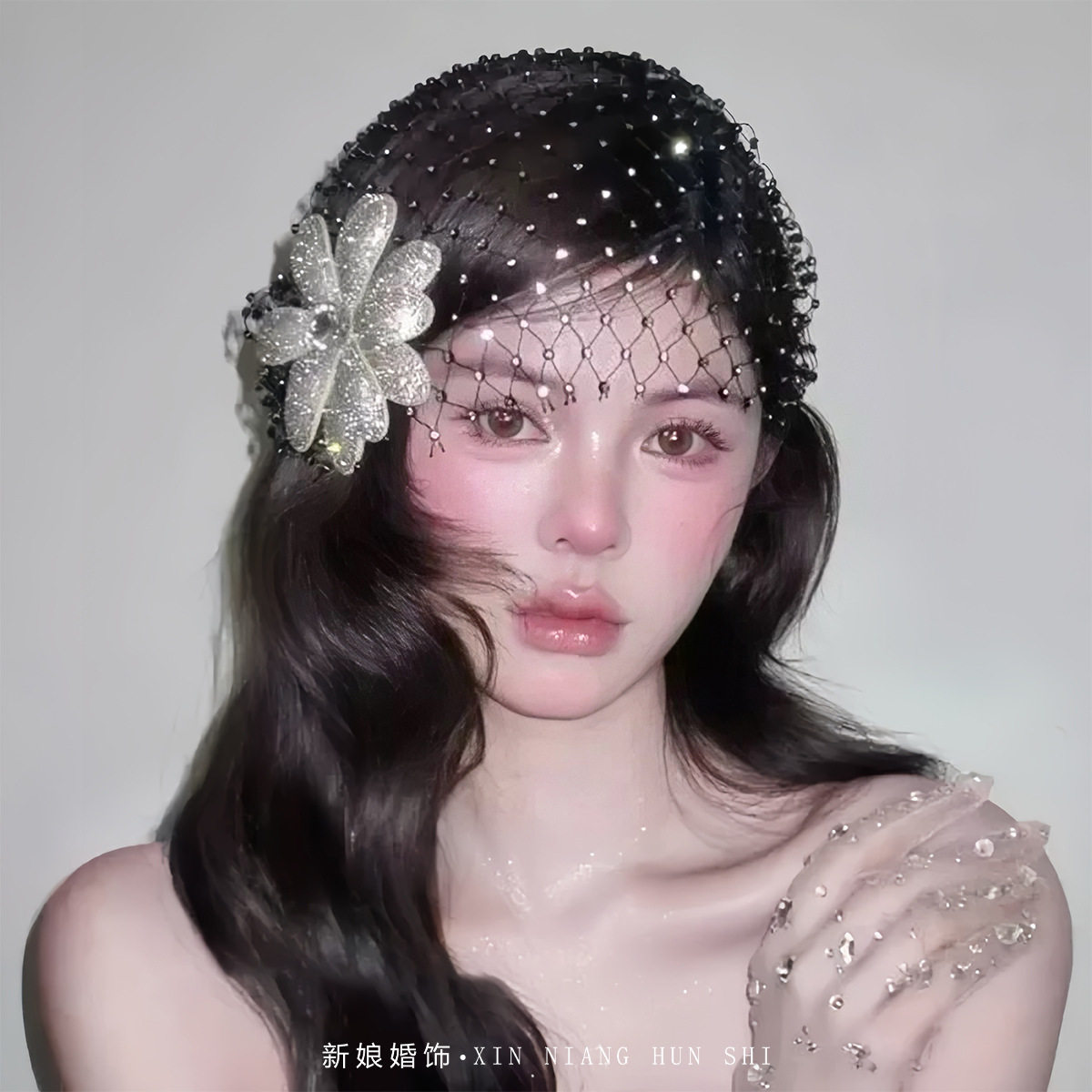 新款法式复古优雅气质闪钻花朵发饰帽子感轻奢名媛风礼服头饰