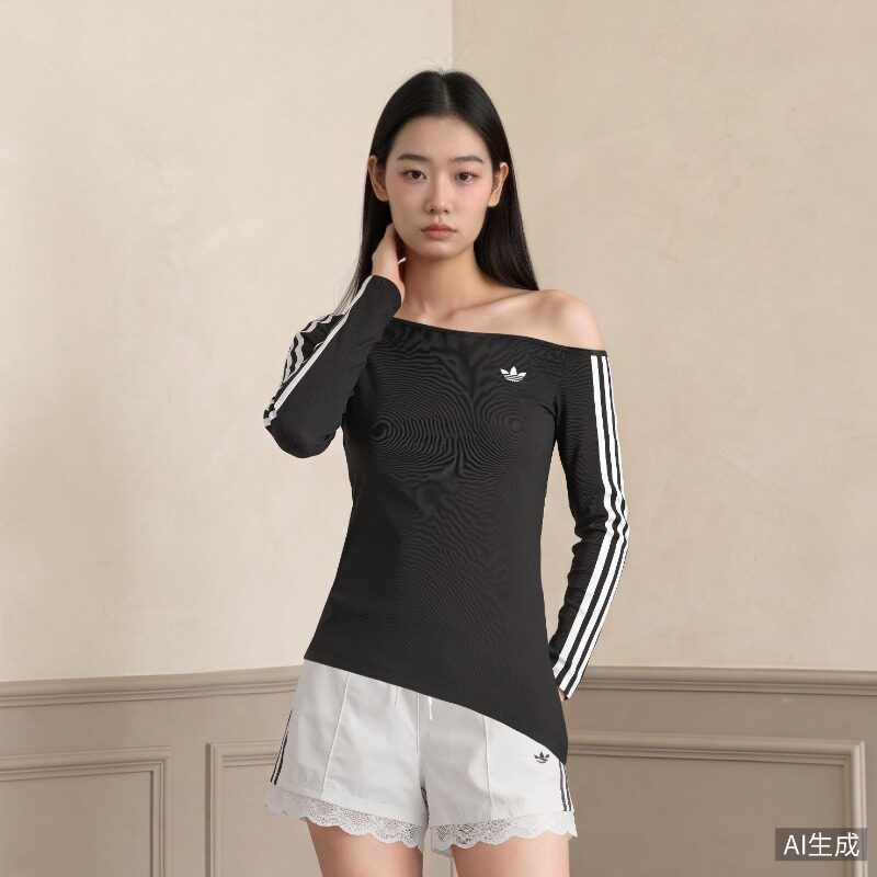 阿迪达斯三叶草女子设计感紧身运动长袖T恤斜肩上衣LE8310|LE8311
