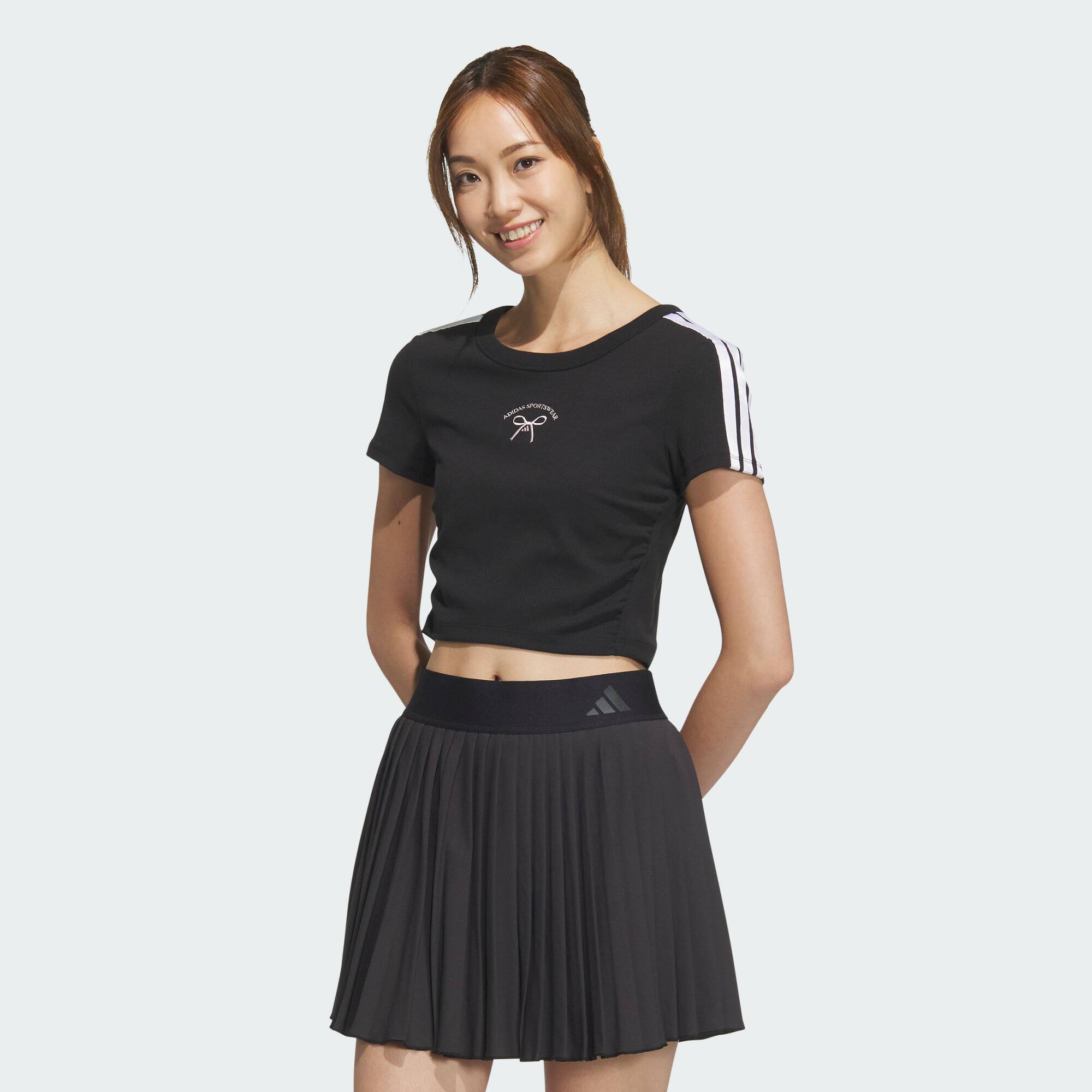阿迪达斯女子蝴蝶结图案短款修身短袖圆领T恤JY7649|JY7650
