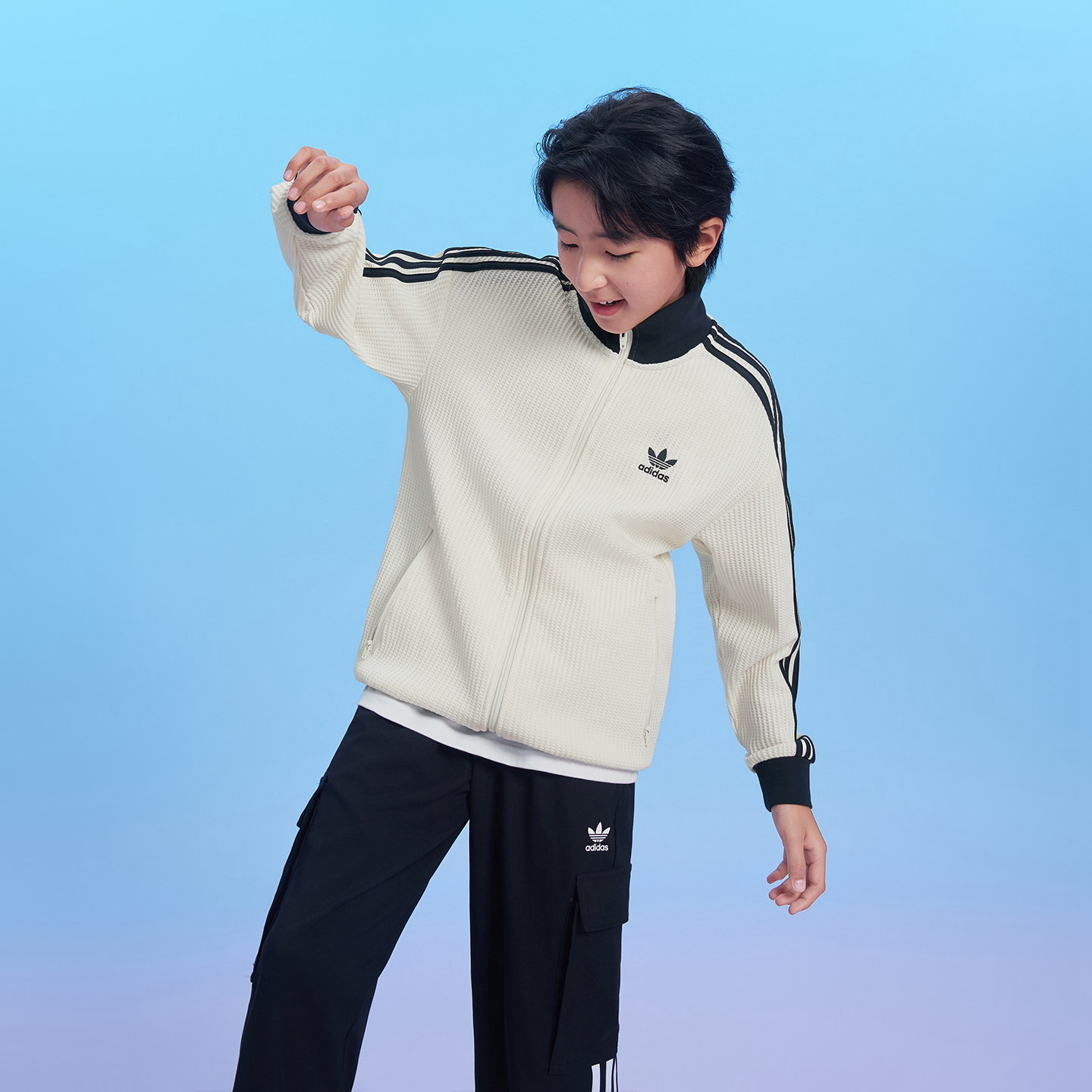 阿迪达斯三叶草男童/女童休闲华夫格运动宽松夹克外套KW1178