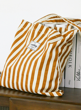 sobag高级日系小清新条纹帆布单肩包女轻便休闲大容量文艺环保袋