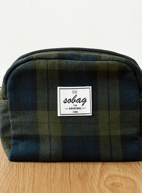 sobag日系复古大容量收纳包女绿色格子棉布手拿手机包轻便化妆包