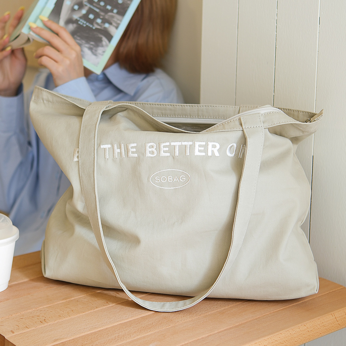 sobag春夏百搭大容量带拉链单肩帆布包女文艺休闲ins通勤大托特包