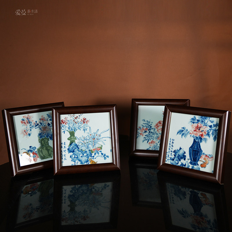 爱曼茶生活山川绘瓷手绘青花花卉清供瓷板画中式文人画陶瓷景德镇