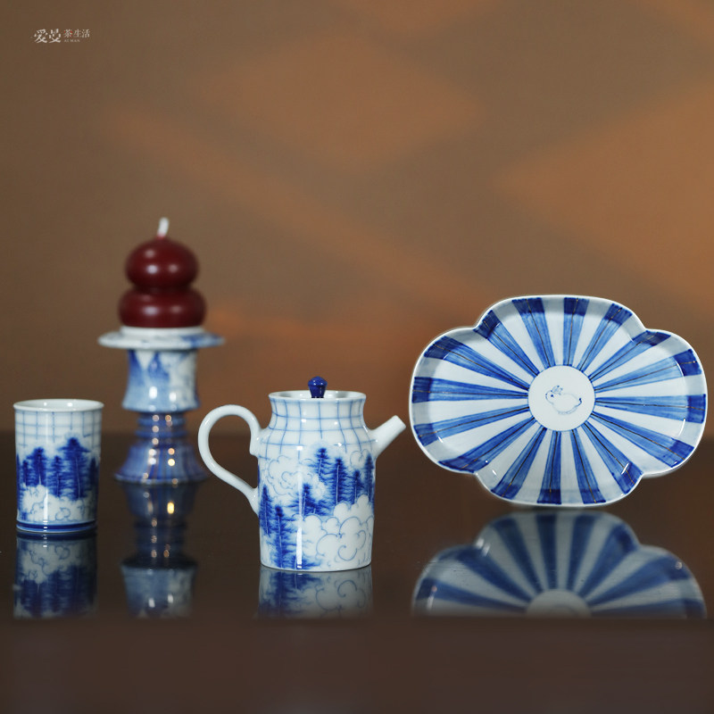 爱曼茶生活何延燕手绘青花原创中古时尚盖碗茶具轻奢主人杯景德镇