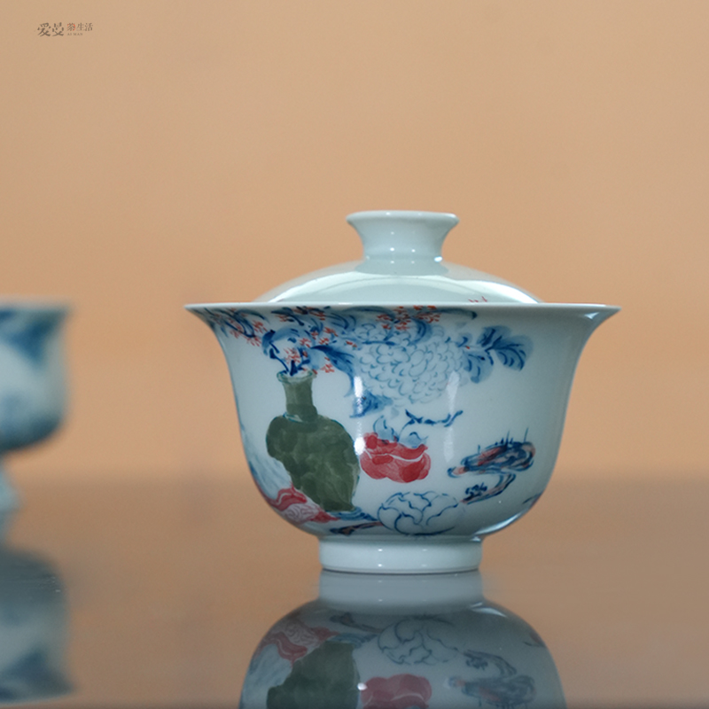 爱曼器 /山川绘瓷手绘青花清供图盖碗文人画清雅手抓碗景德镇