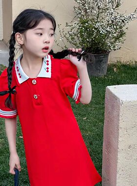 女童polo连衣裙夏款纯棉儿童裙子2024新款韩版红色樱桃休闲小童夏