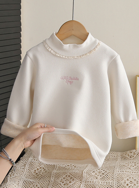 女童加绒打底衫2025秋冬新款羊毛蚕丝一体绒儿童洋气保暖衫半高领