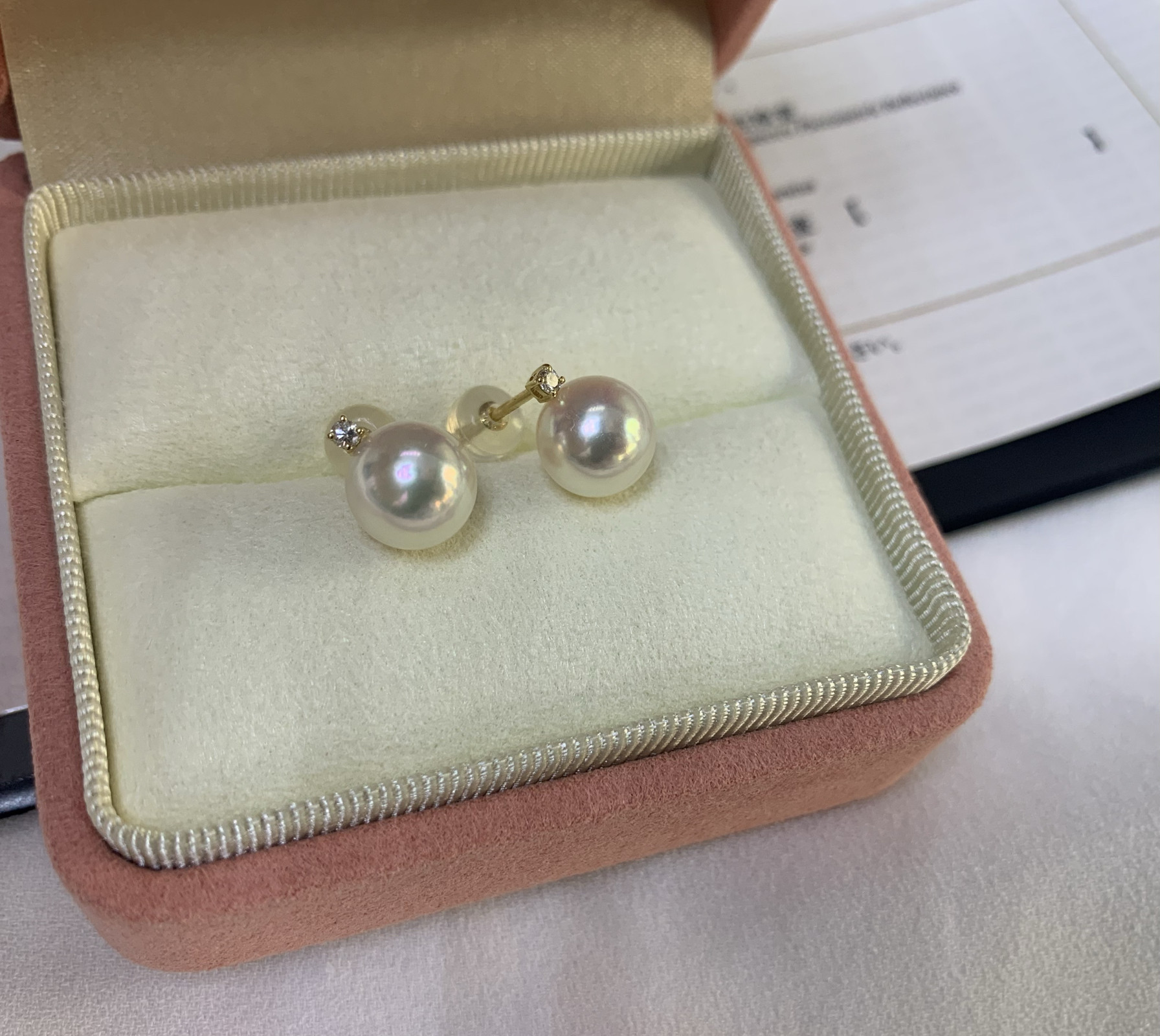 天女akoya珍珠耳钉经典王妃耳钉18k金钻石耳钉附真科研大证8.2mm