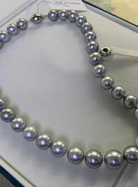 天然色铂金灰南洋珠项链11-13mm微瑕正圆纯银扣礼盒装