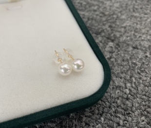 高亮泽akoya珍珠耳钉空姐耳钉无调色白7 7.5mm海水珍珠18k金耳钉