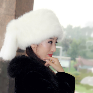 冬韩版保暖仿狐狸毛兔毛圆平顶帽子 女护耳皮草雷锋雪地帽子防寒