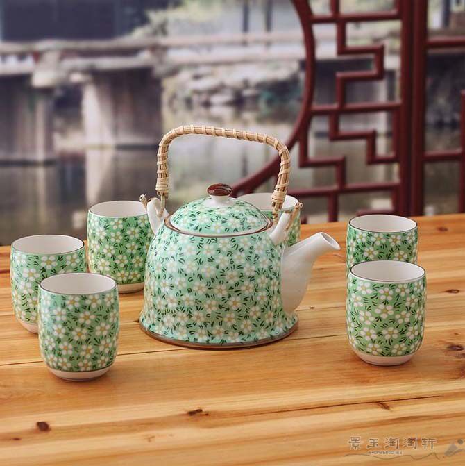 景德镇陶瓷 7头日式整套提梁茶具套装 大号泡茶壶茶杯 绿樱花