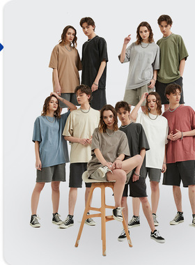 男女款美式落肩重磅250G复古做旧圆领短袖宽松洗水潮牌t恤定制LOG