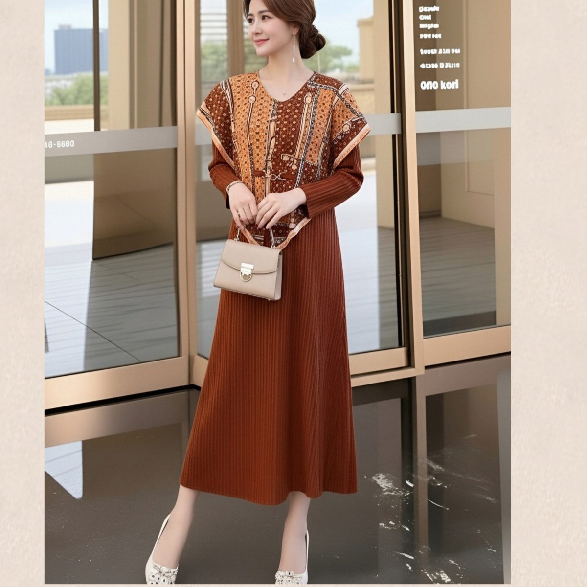 春装法式印花连衣裙女高级感气质宽松大码妈妈中长款显瘦褶皱裙子