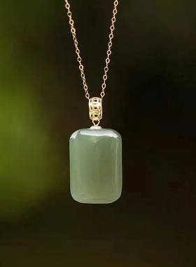 镀24K金天然和田玉青玉吊坠项链钱币无事牌简约气质复古玉项挂坠