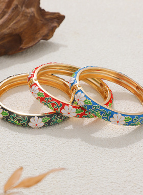 14K金景泰蓝手镯新中式珐琅彩色滴油花朵弹簧开口手环中国风手饰