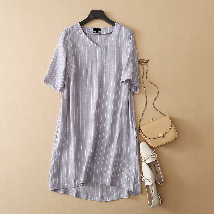 外贸原单 出口德国 v领纯亚麻条纹印花短袖连衣裙 夏款女装有大码