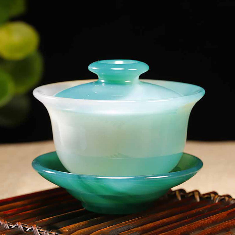 绿玛瑙三才盖碗 手工雕刻玉石茶具泡茶碗创意摆件茶杯礼物送朋友