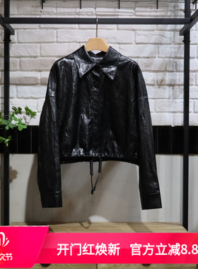 MRER莫乂义 春季新款翻领下摆抽绳短款PU皮外套R5C31433专柜正品