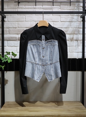 MRER莫乂义 春季新款修身长袖拼接牛仔上衣女R5A24163专柜正品