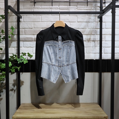 MRER莫乂义 春季新款修身长袖拼接牛仔上衣女R5A24163专柜正品