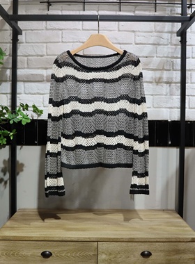 MRER莫乂义 春季新款套头圆领条纹镂空针织线衫R5A57163专柜正品