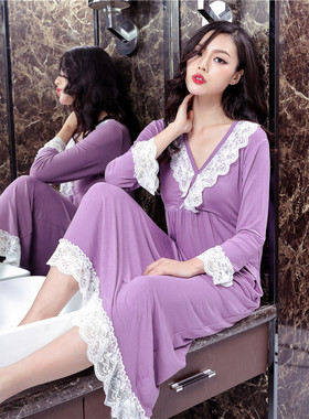 莫代尔蕾丝花边v领公主风家居服