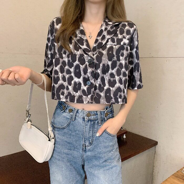 实拍短袖衬衫女短款复古港味ins韩国风潮学生衬衣夏季 P35