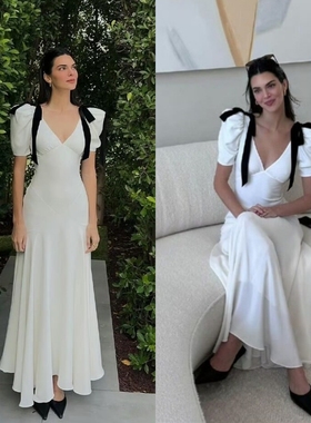 Kendall肯豆同款乳白色v领泡泡袖黑飘带连衣裙2025新款女夏季新品