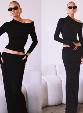 Elsahosk同款黑色针织重磅莫代尔秋冬打底衫长袖露肩t加长半身裙