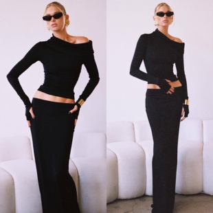 露肩t加长半身裙 长袖 Elsahosk同款 黑色针织重磅莫代尔秋冬打底衫