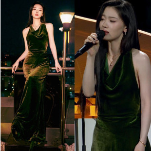 长裙2026年春夏新款 无袖 连衣裙 墨绿色丝绒荡领长款 单依纯春晚同款