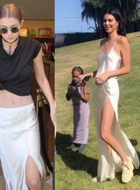 gigi肯豆kendall同款醋酸白色吊带开衩裙爆款 半身裙中长款夏女装