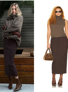 Elsa Hosk同款咖啡色中长款后开衩铅笔裙半身裙女2025新款春夏秋