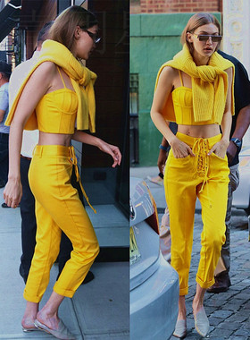 明星gigi同款明黄色欧美时尚黄套装系带休闲裤女裤夏装爆款时装